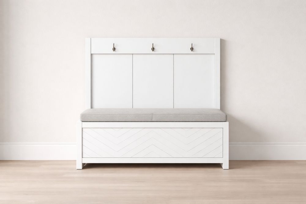 Banc d'entrée en bois avec coussin en tissu gris et crochets-Caselivo