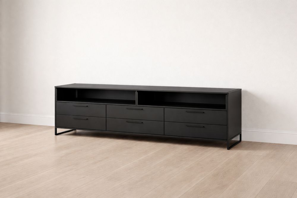 Meuble TV en bois MDF et métal noir avec tiroirs et étagères ouvertes-Caselivo