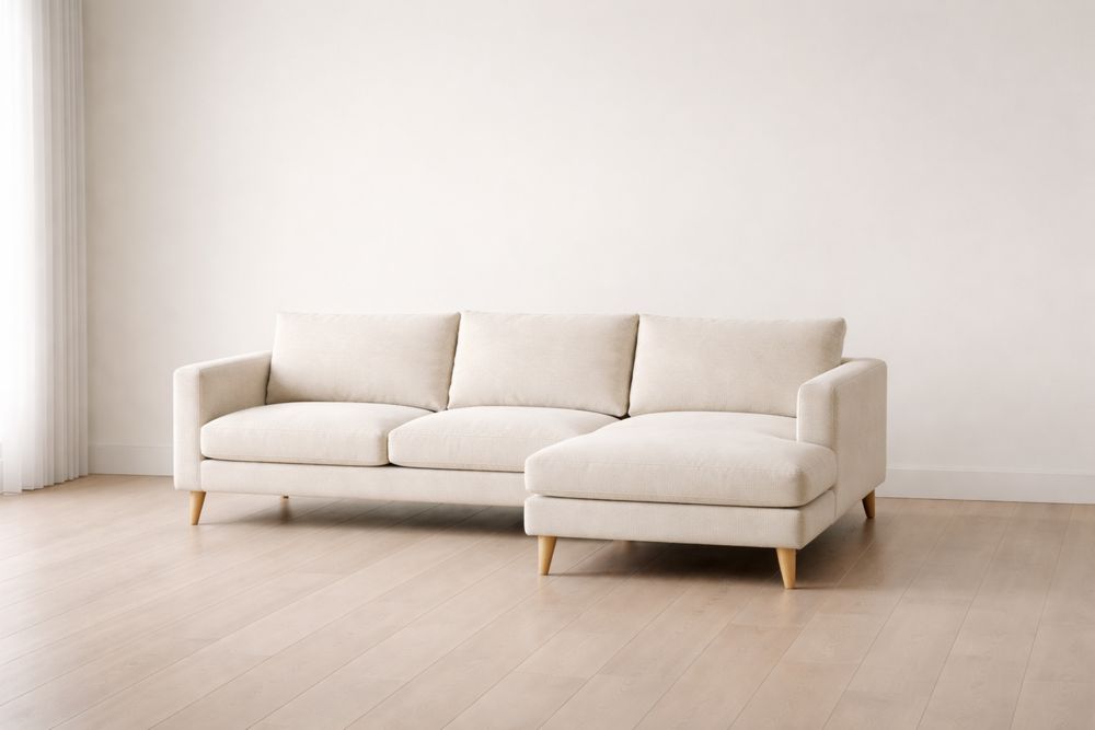 Canapé d'angle en tissu polyester beige avec pieds en bois-Caselivo