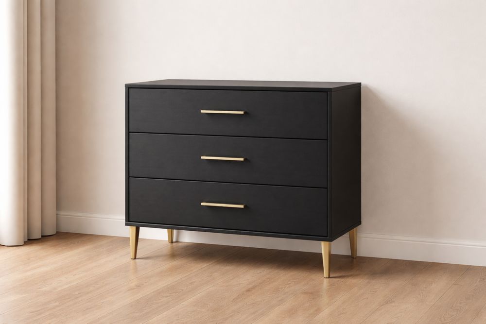 Commode 3 tiroirs en MDF Noir avec pieds métalliques Or-Caselivo