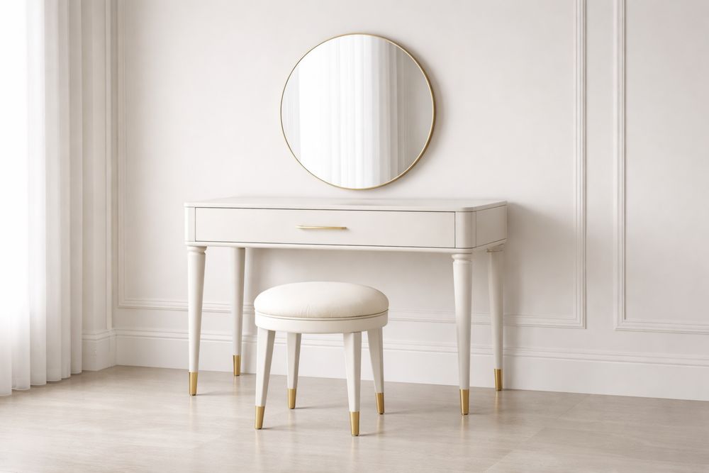 Table de maquillage en bois avec miroir rond et tabouret-Caselivo