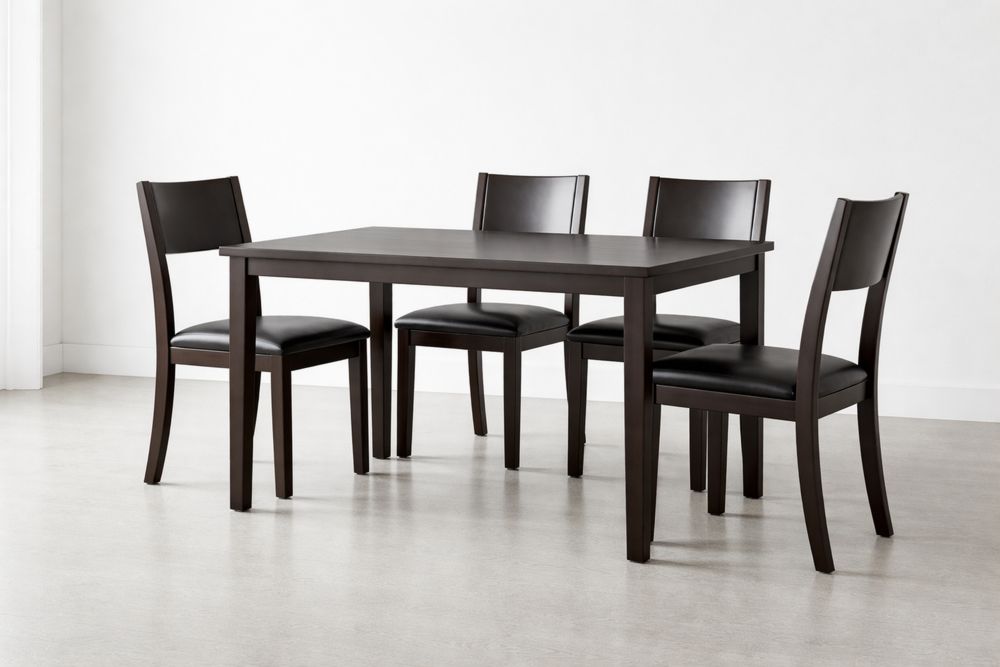 Table en bois avec 4 chaises en similicuir noir-Caselivo