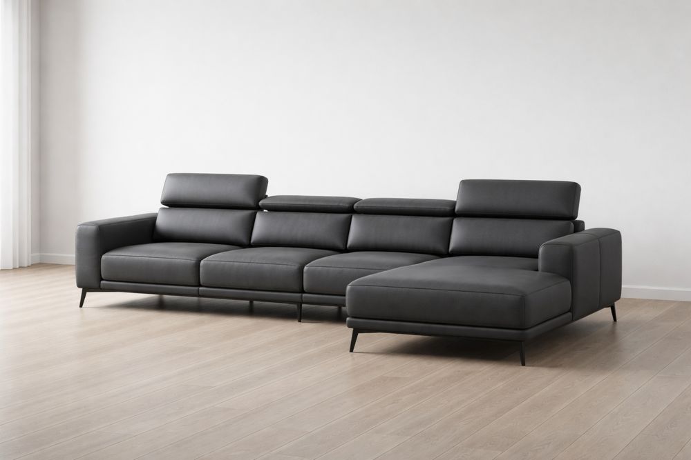 Canapé d'angle en cuir synthétique Noir avec appuie-tête réglables-Caselivo