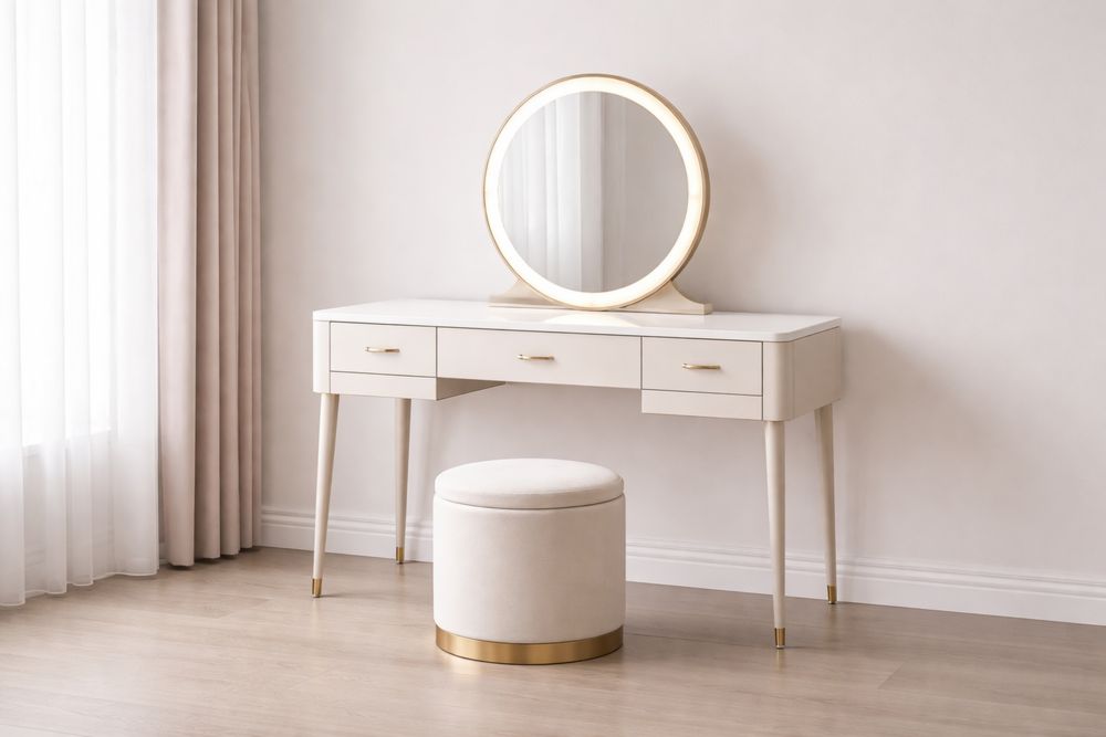 Coiffeuse en Bois avec Miroir Rond et Tabouret Blanc/Doré-Caselivo