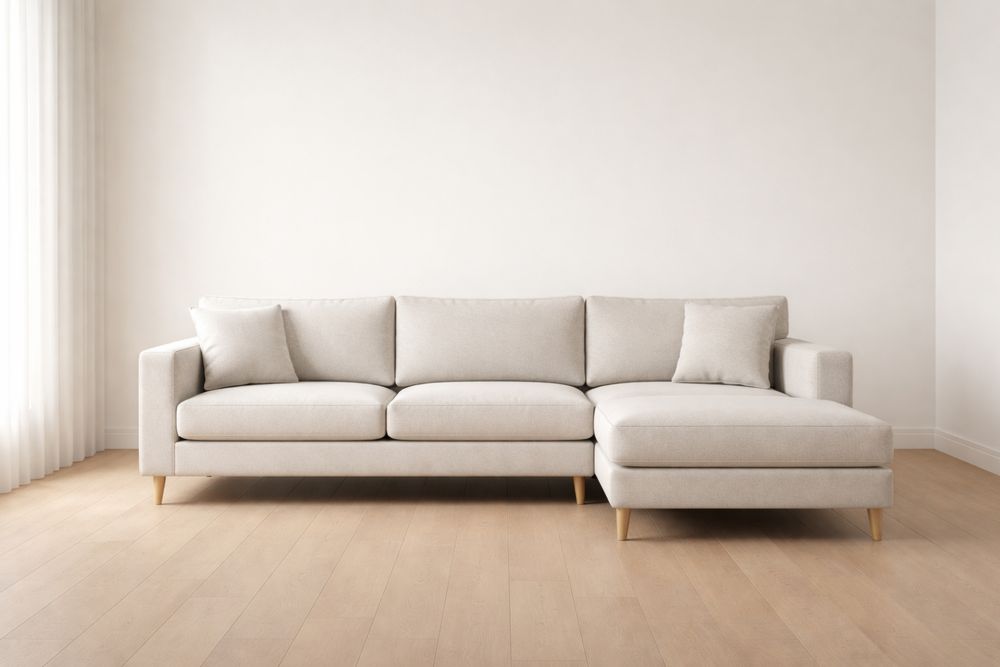 Canapé d'Angle Droit 3 Places Tissu Beige Pieds Chêne-Caselivo