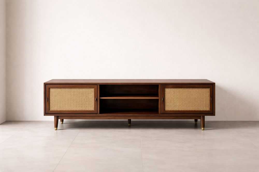 Meuble TV en bois avec portes en rotin 180x40x50 cm-Caselivo