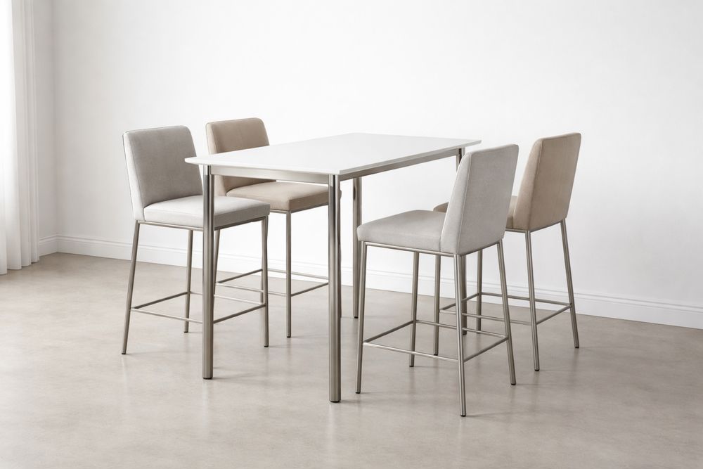 Ensemble table et chaises hautes en métal avec plateau MDF et tissu-Caselivo