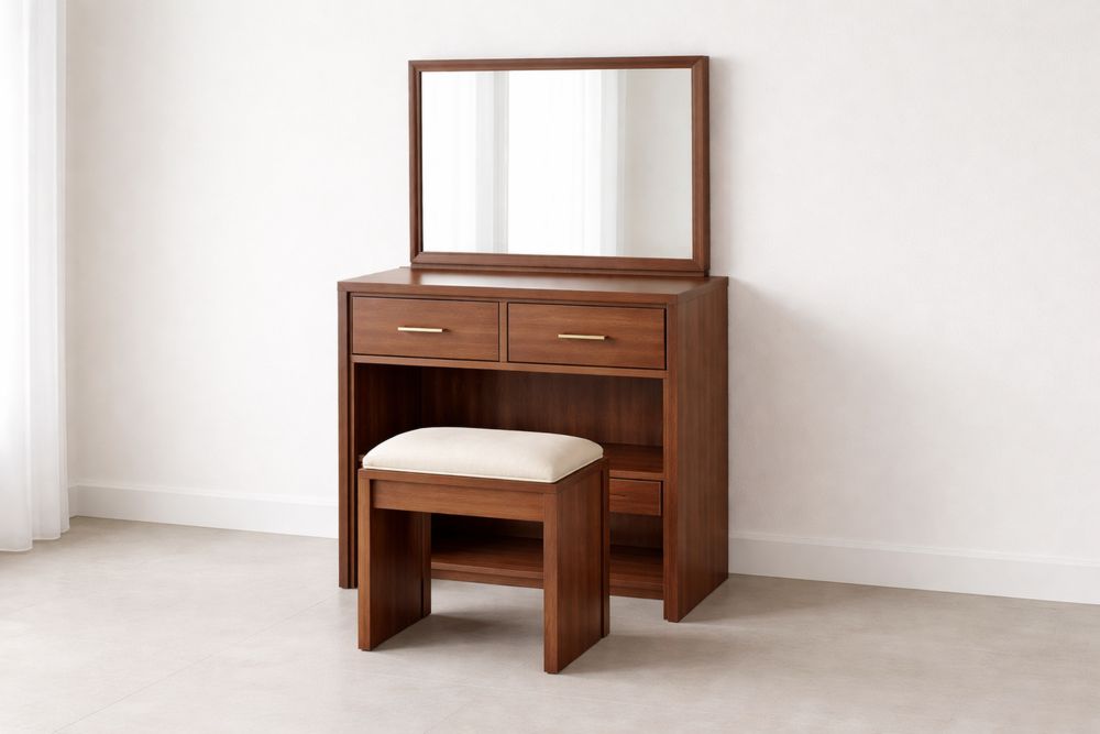 Coiffeuse en Bois de Noyer avec Miroir et Tabouret-Caselivo