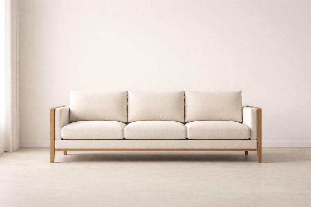 Canapé 3 places en bois et tissu beige-Caselivo