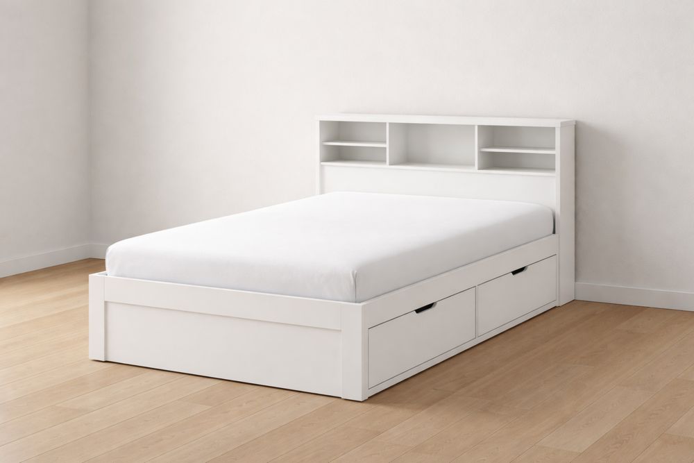 Lit en bois MDF blanc avec rangement et étagères-Caselivo