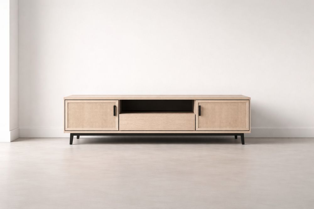 Meuble TV en bois et métal avec portes cannées 150x40x45 cm-Caselivo