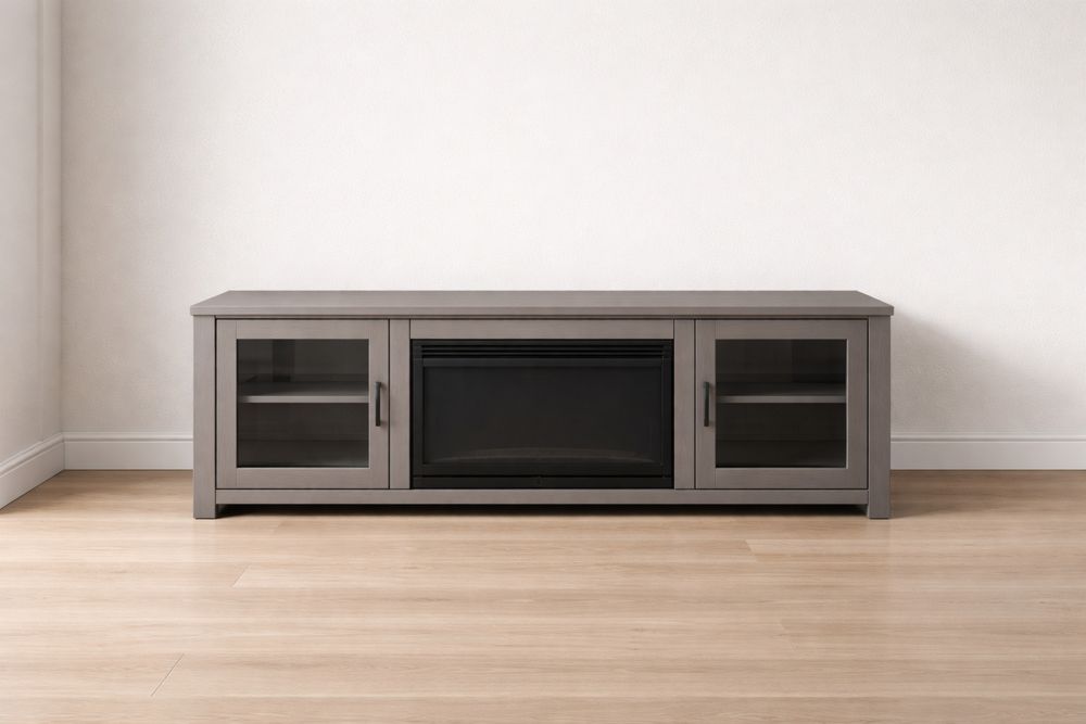 Meuble TV en bois avec cheminée électrique intégrée et portes en verre trempé-Caselivo