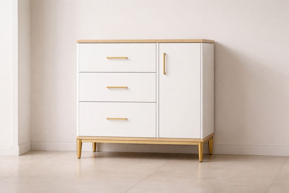 Commode en Bois et Métal Blanc/Or avec Tiroirs et Porte-Caselivo