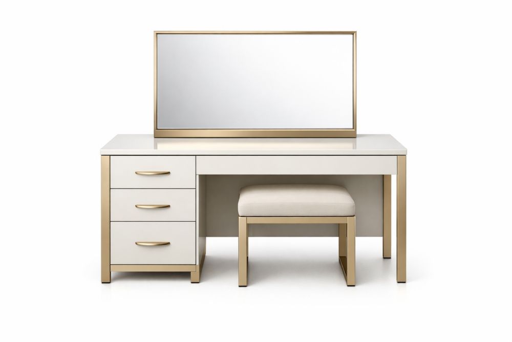Coiffeuse en aluminium doré avec tabouret en tissu blanc-Decorloria