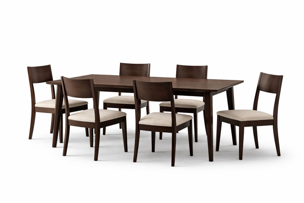 Table à manger rectangulaire en bois d'hévéa massif avec 6 chaises rembourrées Marron Crème-Decorloria