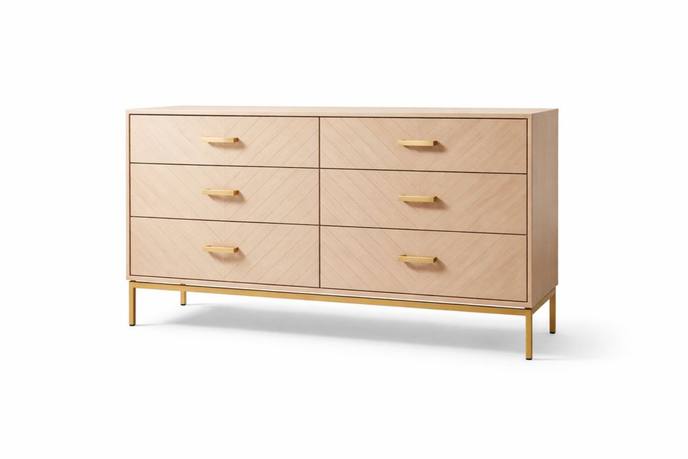 Commode en bois massif clair 6 tiroirs pieds en aluminium doré-Decorloria