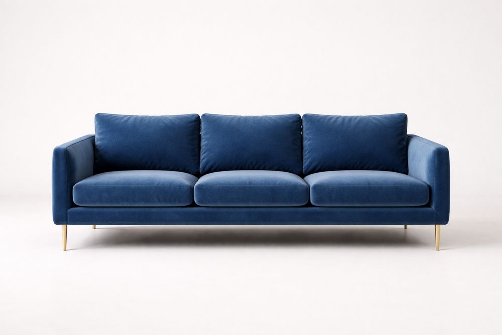 Canapé trois places en velours bleu avec pieds aluminium-Decorloria