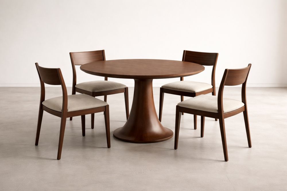 Table Ronde en Bois de noyer massif avec 4 Chaises en Tissu Crème-Decorloria