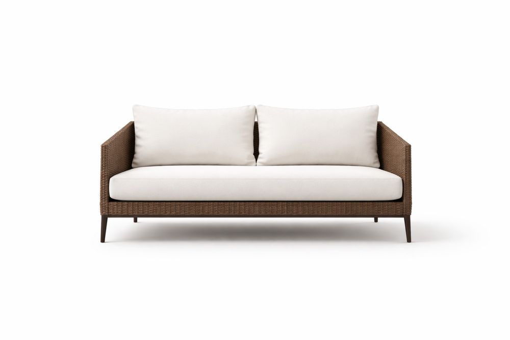 Canapé 2 places en osier marron avec coussins en polyester blanc-Decorloria