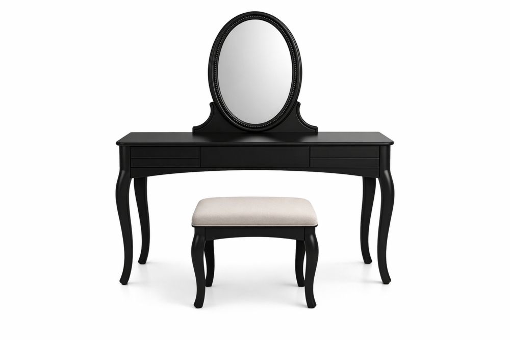 Coiffeuse en MDF avec Miroir Ovale et Tabouret Noir-Decorloria