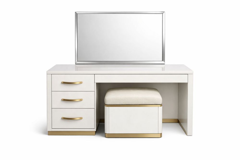 Coiffeuse blanche avec miroir en verre trempé et tabouret-Decorloria