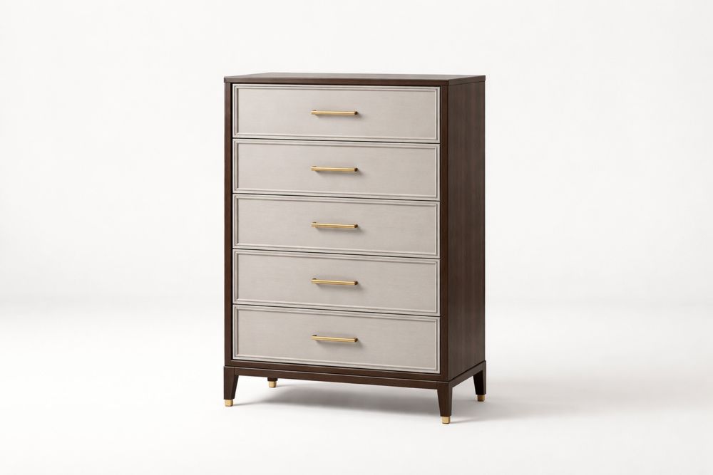 Commode en Noyer 5 Tiroirs avec Revêtement en Tissu Beige-Decorloria