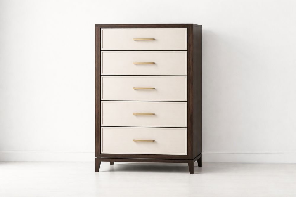 Commode en bois massif à 5 tiroirs brun foncé et blanc-Decorloria