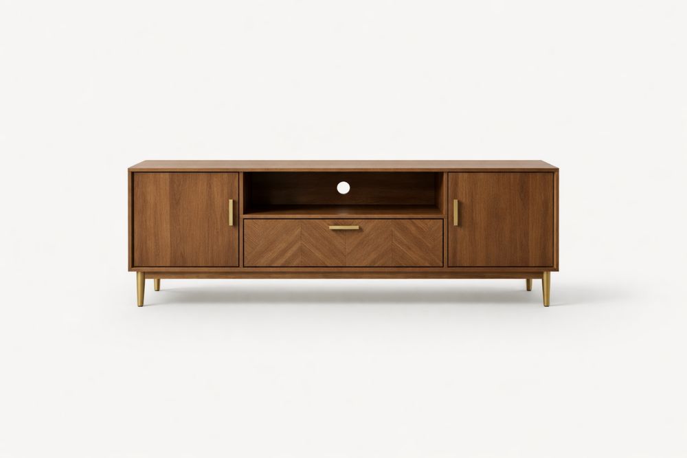 Meuble TV en bois de noyer et aluminium L160 x P40 x H50 cm-Decorloria