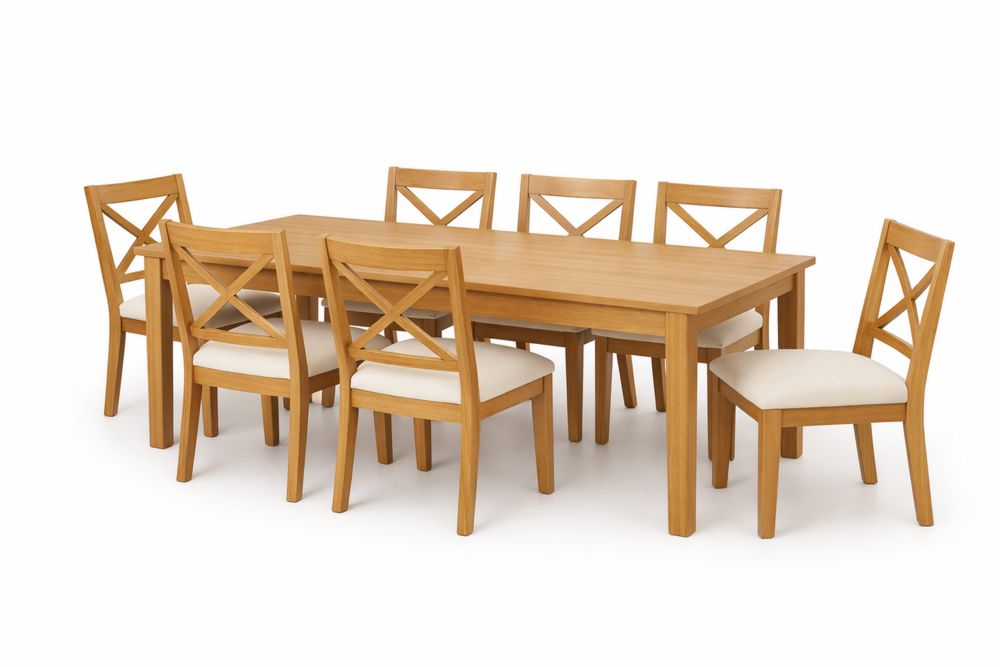 Table à manger en bois massif avec 7 chaises assise blanche-Decorloria