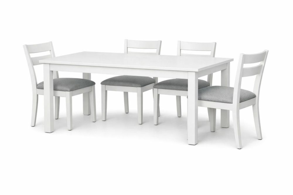 Ensemble de salle à manger en bois massif blanc avec 4 chaises en tissu gris-Decorloria