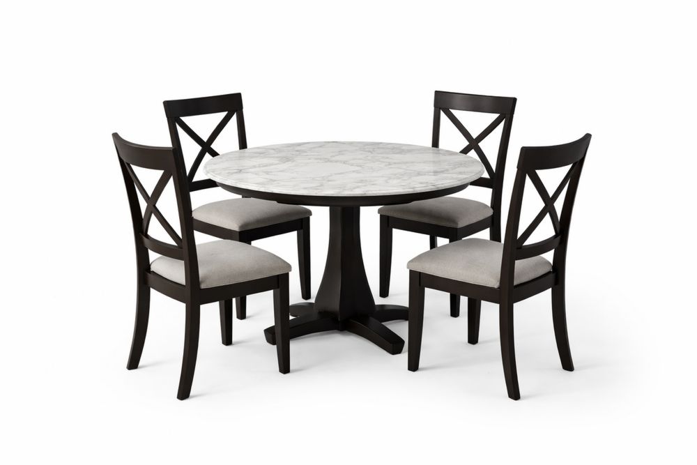 Table ronde en bois massif et marbre avec 4 chaises en tissu-Decorloria