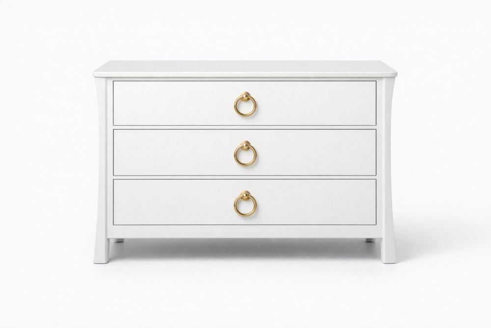 Commode en bois massif blanc avec 3 tiroirs et poignées dorées-Decorloria