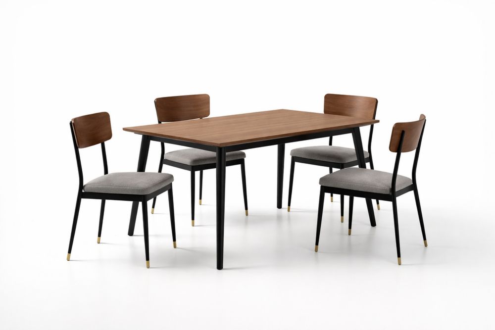 Table à manger rectangulaire en bois de noyer et acier avec 4 chaises en tissu-Decorloria