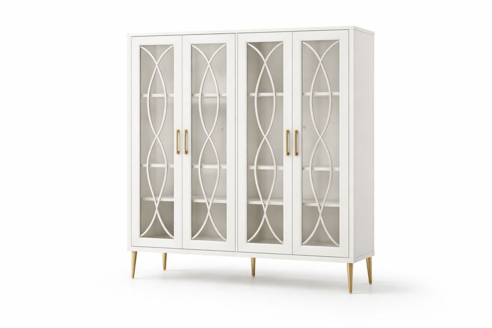 Vitrine en MDF Blanc avec Portes en Verre Trempé et Pieds en Aluminium Doré-Decorloria