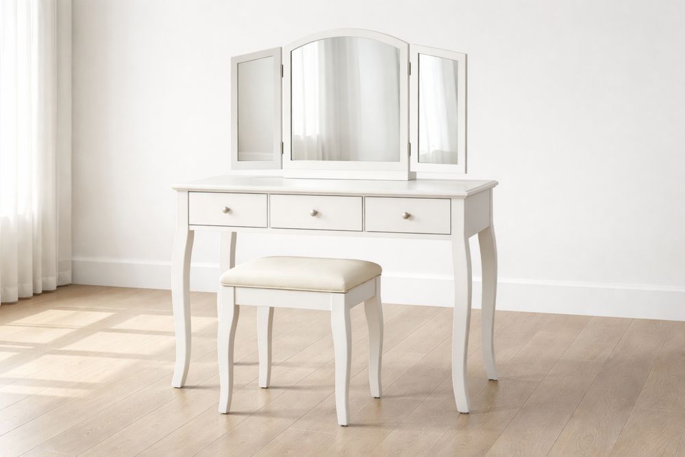 Coiffeuse en MDF Blanc avec Miroir Triptyque et Tabouret Rembourré-Decorloria