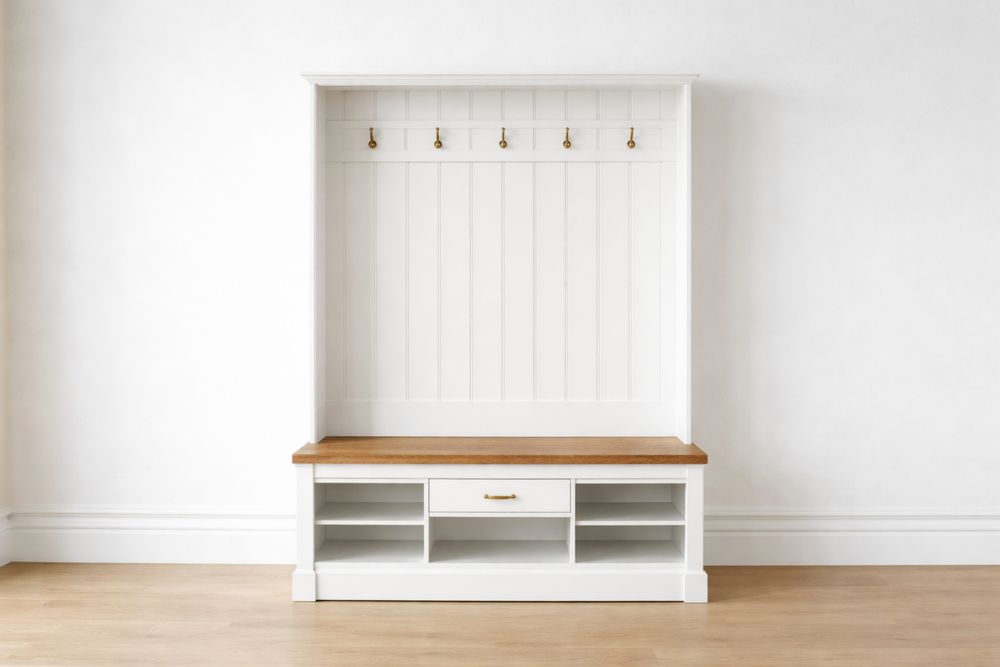 Banc d'entrée avec porte-manteaux en bois massif blanc et chêne-Decorloria