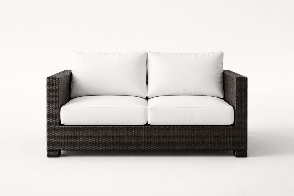 Canapé 2 places en rotin synthétique brun avec coussins blancs-Decorloria