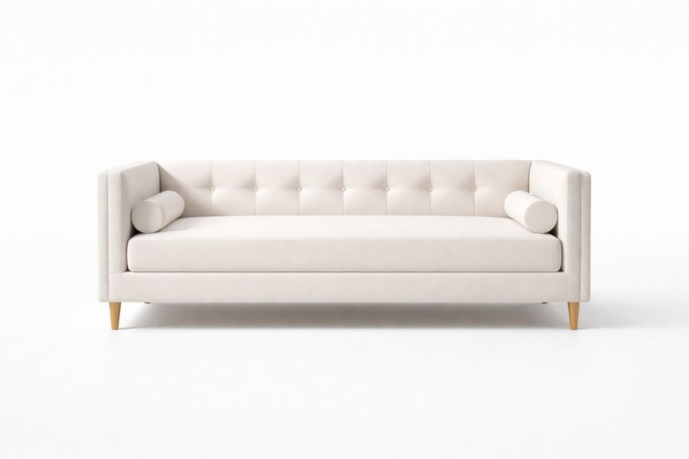 Canapé en tissu polyester beige avec pieds en bois massif-Decorloria