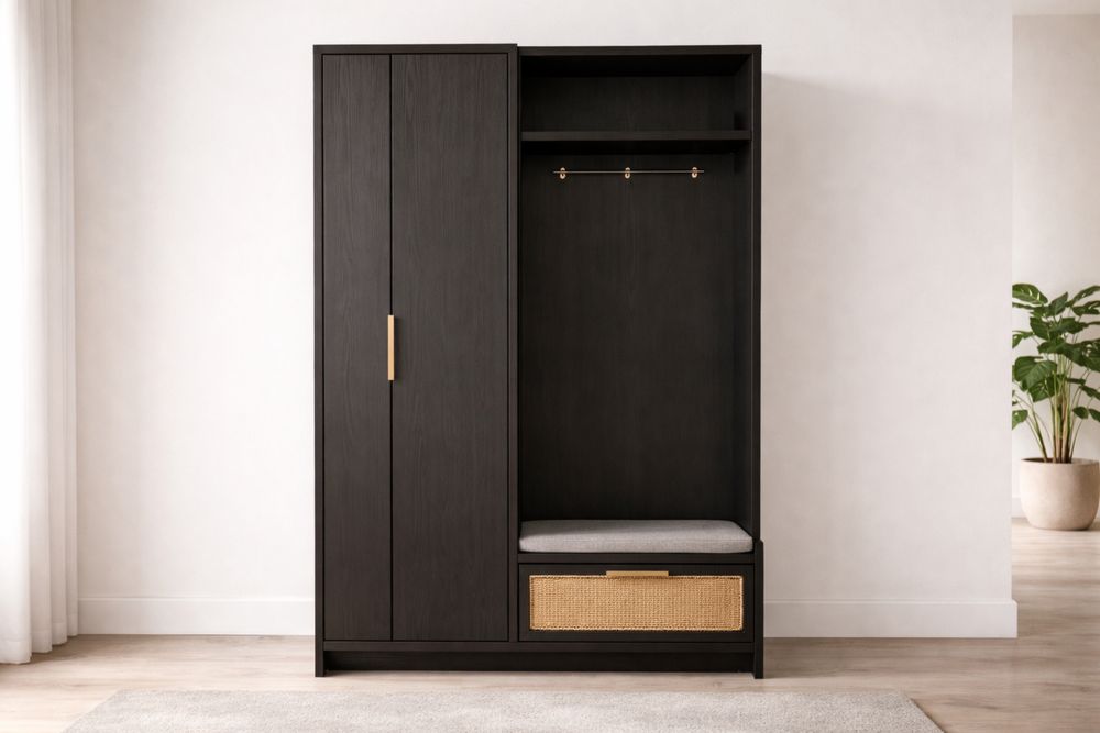 Garde-robe en bois d'ingénierie sombre avec banc et tiroir en rotin 200x160x40 cm-Decorloria