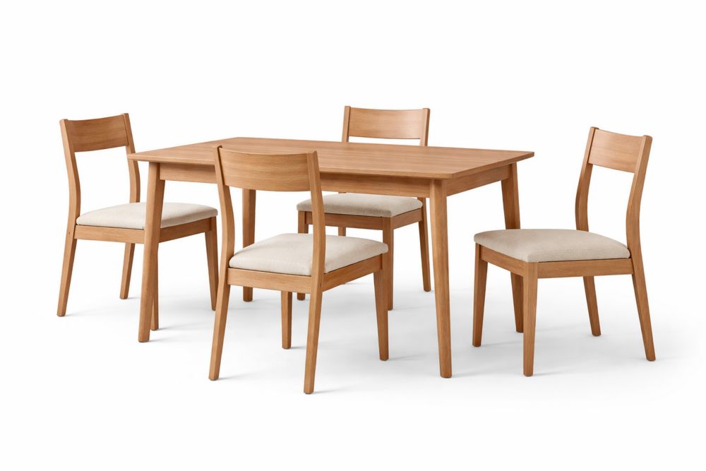 Ensemble table à manger bois chêne clair avec 4 chaises tissu beige-Decorloria