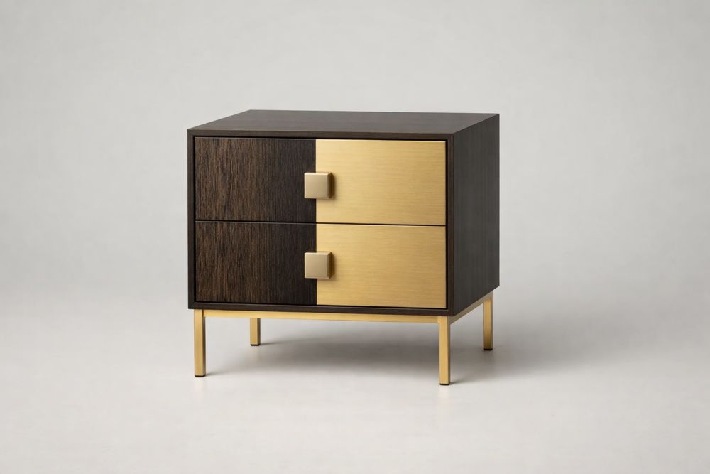 Commode 2 Tiroirs bois massif et Aluminium Doré-Decorloria