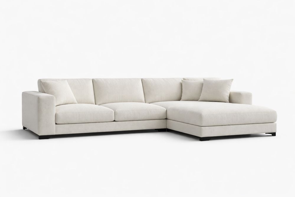 Canapé d'angle en tissu beige 5 places avec méridienne-Decorloria