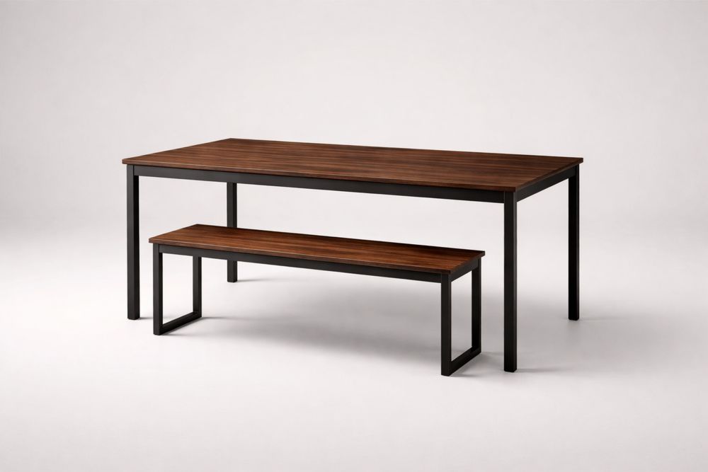 Table rectangulaire en bois massif et aluminium avec banc Marron Noir-Decorloria
