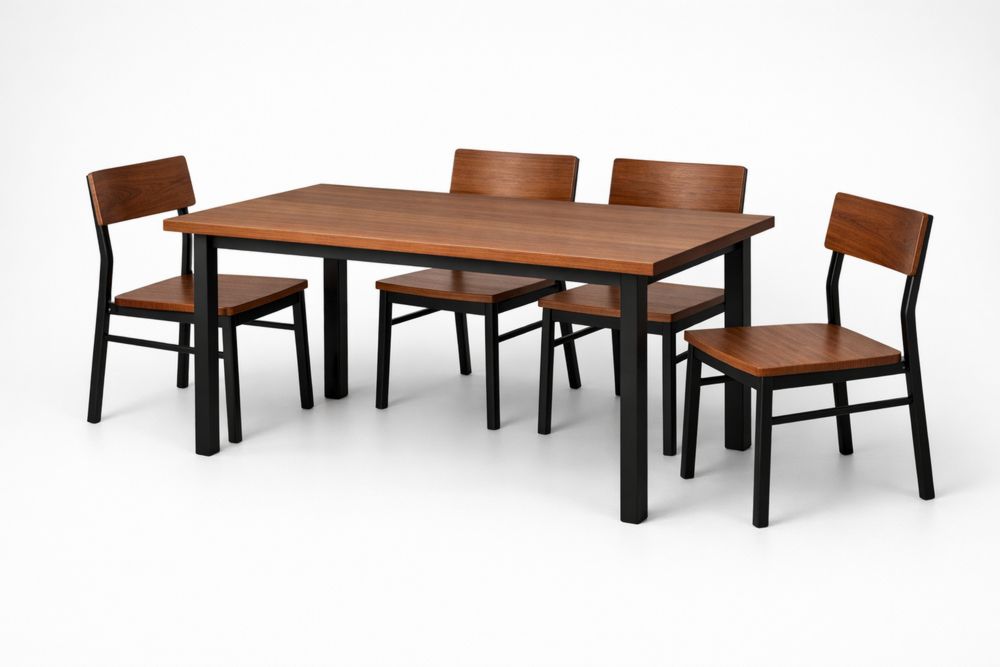 Table à manger en bois massif avec 4 chaises en acier noir-Decorloria