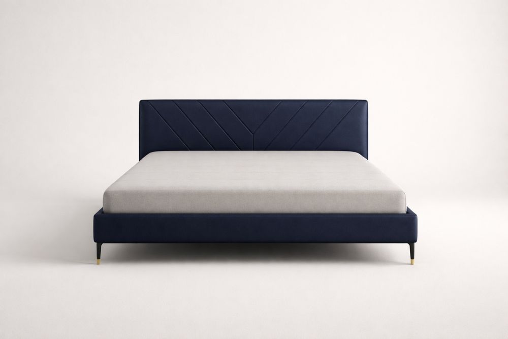 Lit double en cuir synthétique bleu marine et aluminium-Decorloria