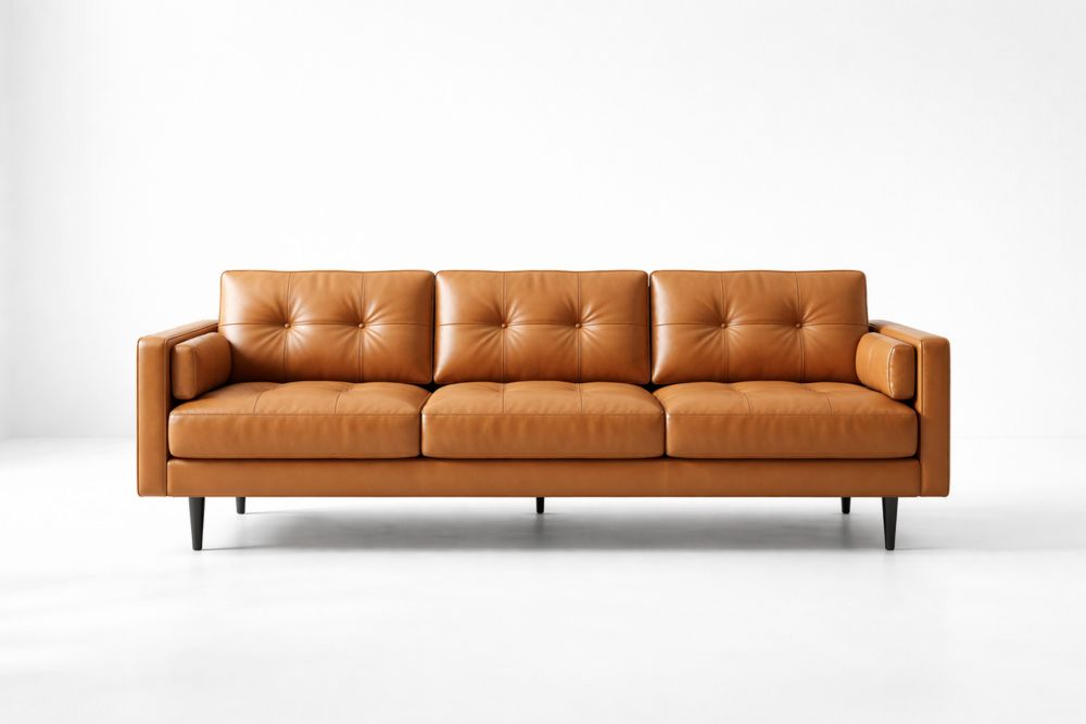 Canapé 3 places en cuir marron pieds en bois massif-Decorloria