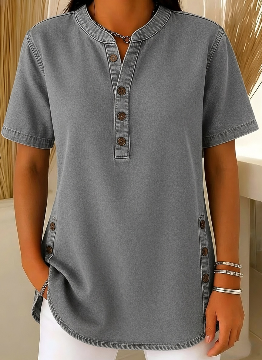 NEW🔥Women's V-neck short-sleeved Casual Button-up Loose Denim Top