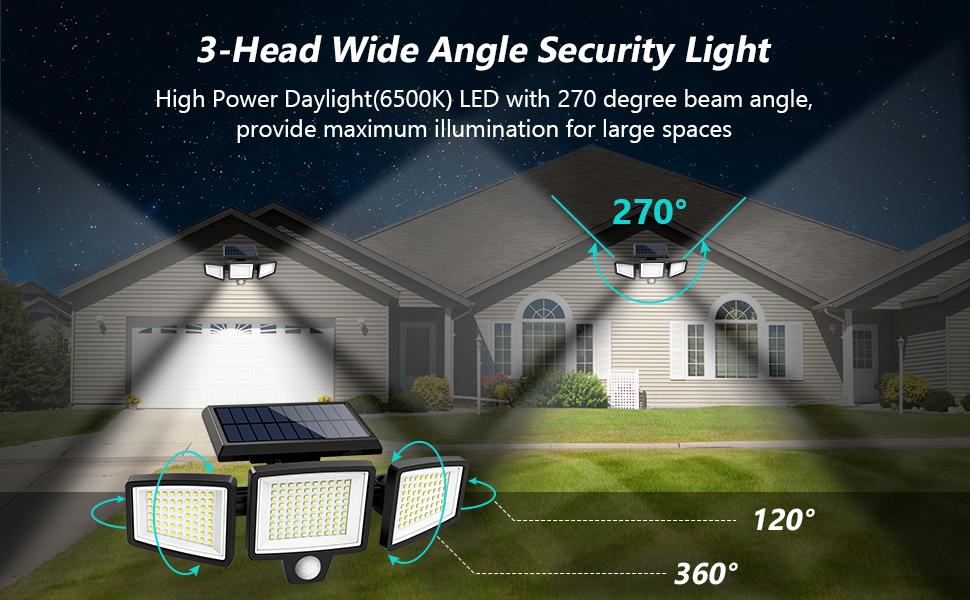 Tuffenough Solar Outdoor Lights 2500LM 210LED Security Lights,3 Heads Dimmable SpotLights with 3 Modes,IP65 Waterproof,Suitable for Yard, Garage, Porch, Pool,Garden,Barn,Patio,Valentine's Day gift