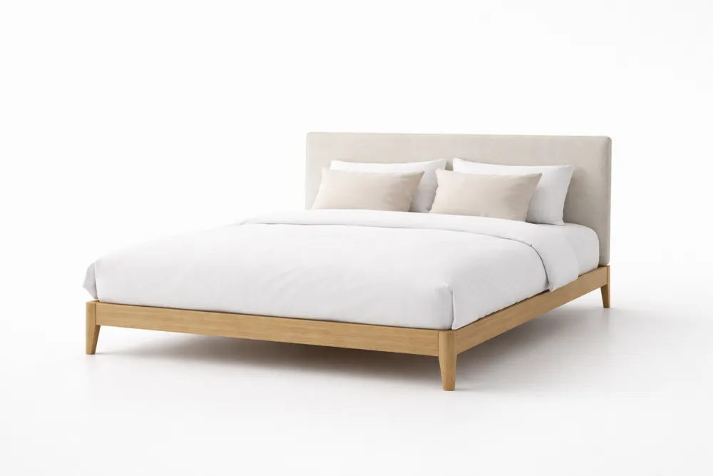 Lit double en bois massif avec tête de lit en tissu crème