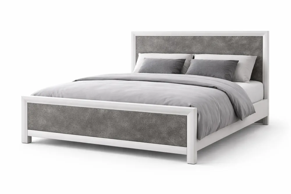 Lit double en bois massif avec revêtement en similicuir gris Longueur200cmxLargeur160cmxHauteur100cm